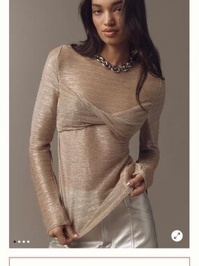 Anthropologie Metallic Twist-Detail Long-Sleeve Top in Champagne